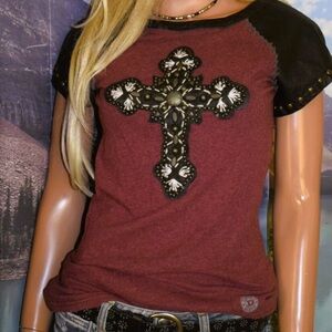 Double d ranch top leather cap sleeve studs beaded embroidered cross S EUC $395